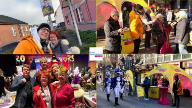 Bilder von Karnevalsumzügen und Veranstaltungen mit Beschreibungen wie „Karneval in Siegburg – Stimmung bei der Prunksitzung der Tönnisberger